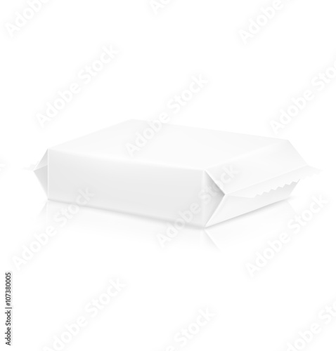 Flow pack with realistic transparent shadow on white background. Vector template ready for your design.
