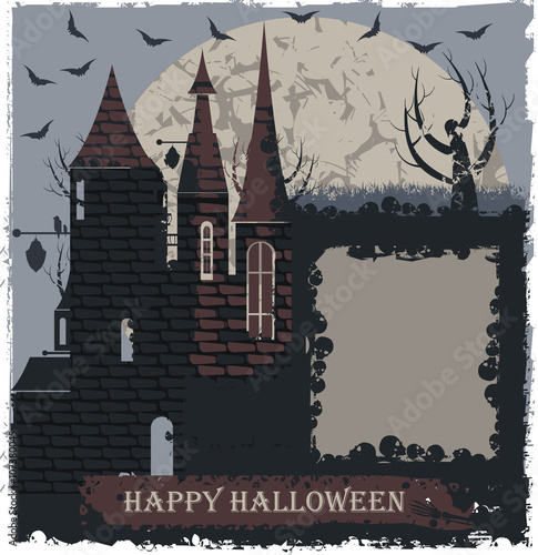 Stylish Halloween greeting card with witch castle