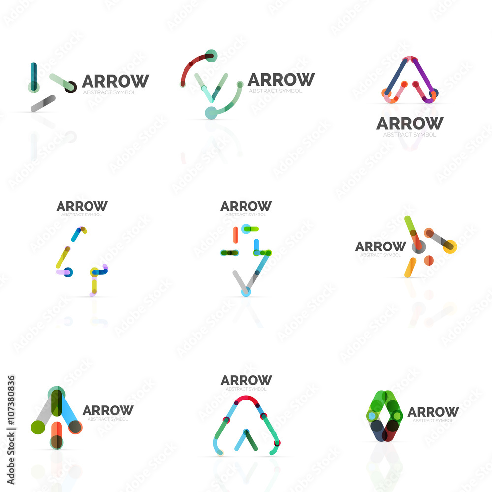Set of linear arrow abstract logos, connected multicolored segments lines in directional pointer figures Set of linear arrow abstract logos, connected multicolored segments lines in directional pointer figures