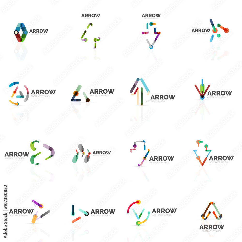 Set of linear arrow abstract logos, connected multicolored segments lines in directional pointer figures