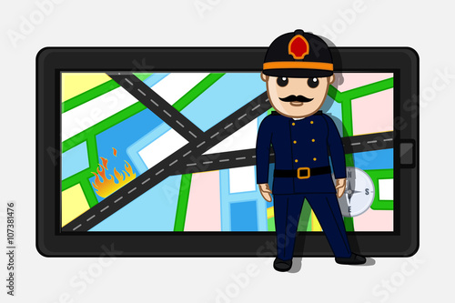 Firefighter Locating a Place on Map in Tablet for Rescue