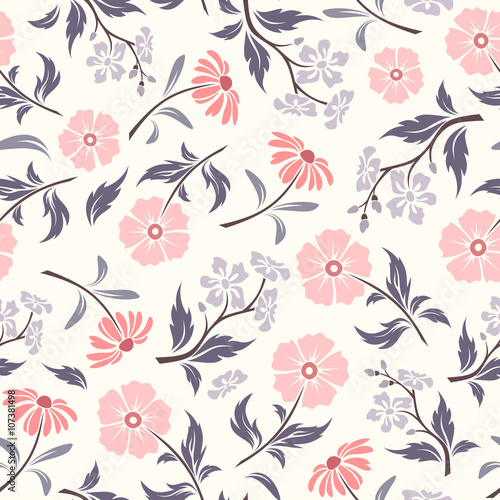 Vector seamless pattern with pink and purple flowers and leaves on a white background. © naddya