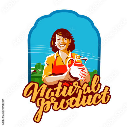 fresh milk vector logo. sour cream, cottage cheese or milkmaid, dairymaid, dairy farm icon