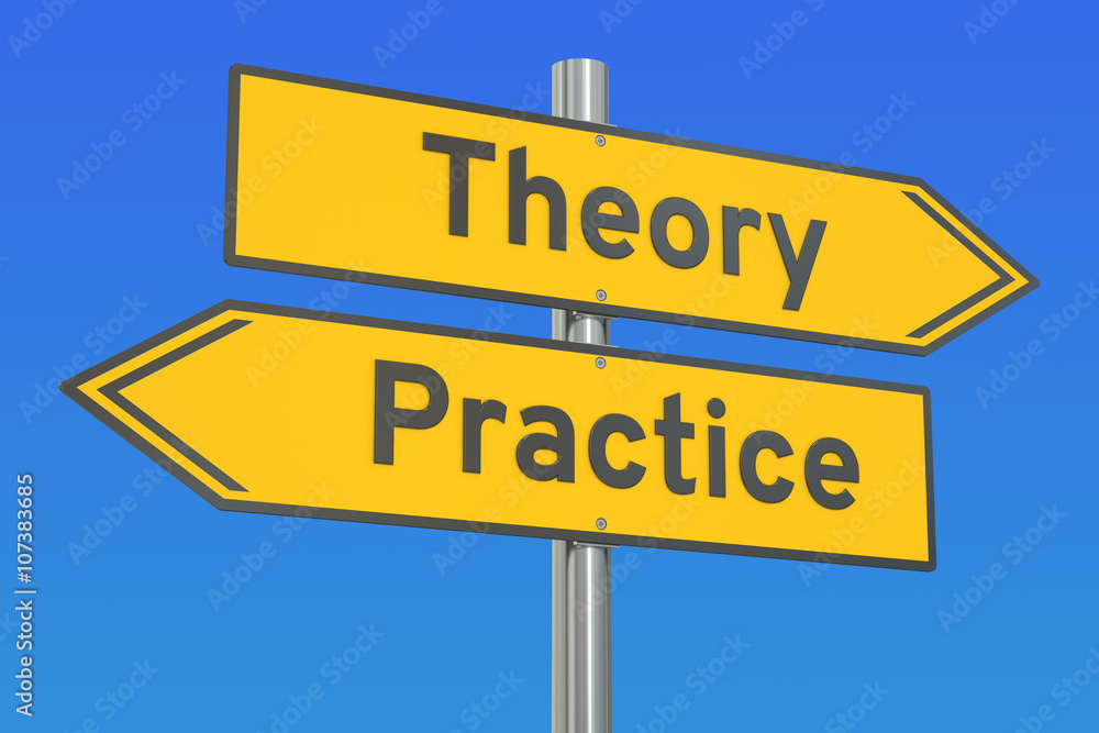 theory or practice concept on the road signpost, 3D rendering theory or practice concept on the road signpost, 3D rendering