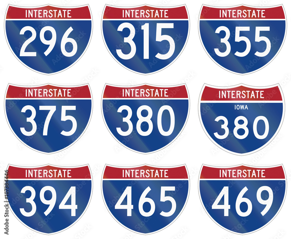 Collection of Interstate highway shields used in the US
