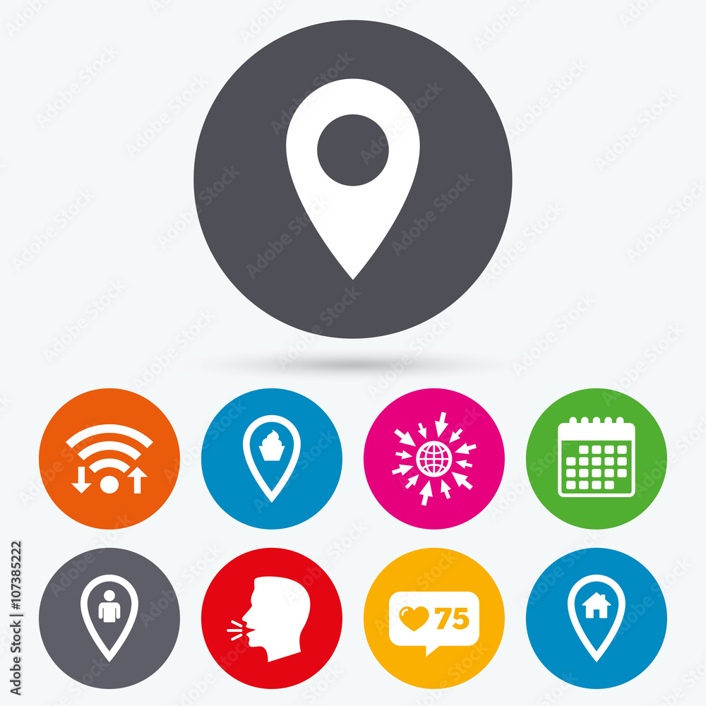 Map pointer icons. Home, food and user location. Map pointer icons. Home, food and user location.