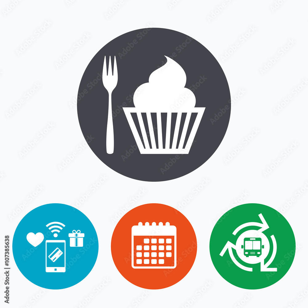 Eat sign icon. Dessert fork with muffin.