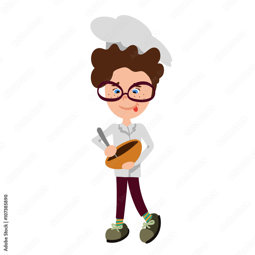 Cute Vector Cartoon Cooking Illustration with a Young Boy Wearing a Cook Hat, Mixing Something in a Bowl Cute Vector Cartoon Cooking Illustration with a Young Boy Wearing a Cook Hat, Mixing Something in a Bowl