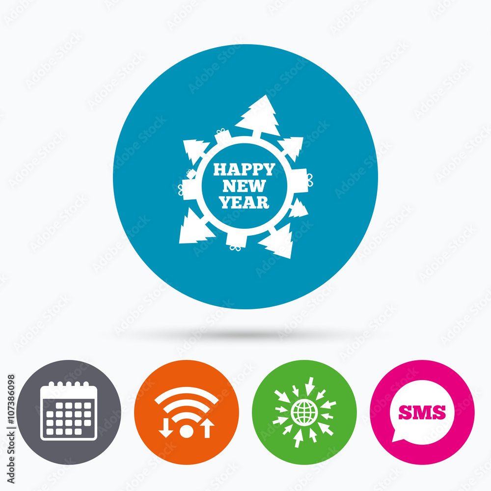 Happy new year globe sign icon. Gifts and trees.