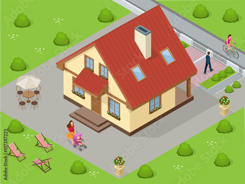 Real estate. Big custom made luxury house with nicely trimmed and landscaped front yard in the suburbs. Flat 3d vector isometric illustration. Flat 3d vector isometric illustration.