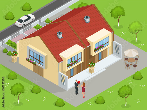 Real estate. Big custom made luxury house with nicely trimmed and landscaped front yard in the suburbs. Flat 3d vector isometric illustration. Flat 3d vector isometric illustration.