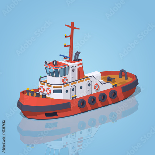 Red and white tugboat against the blue background. 3D lowpoly isometric vector illustration