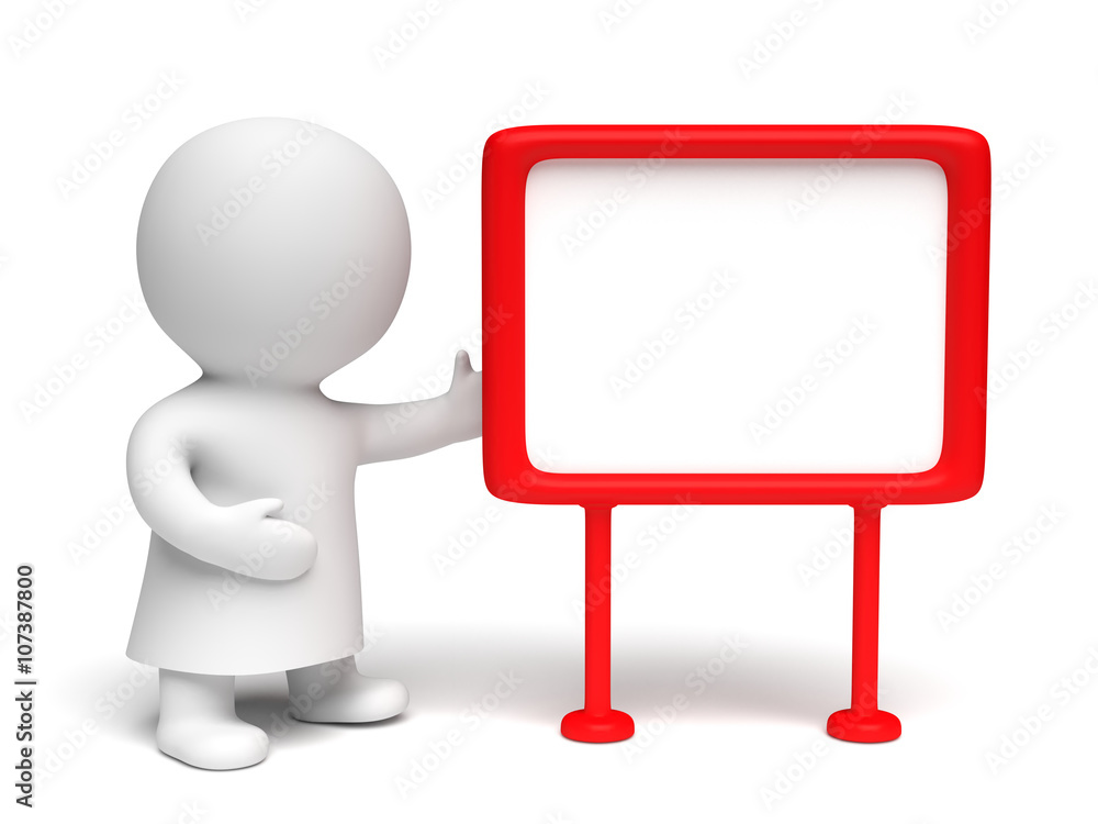 white human 3d person wearing a gown presenting a red framed blank board in a white scene (3D illustration) white human 3d person wearing a gown presenting a red framed blank board in a white scene (3D illustration)