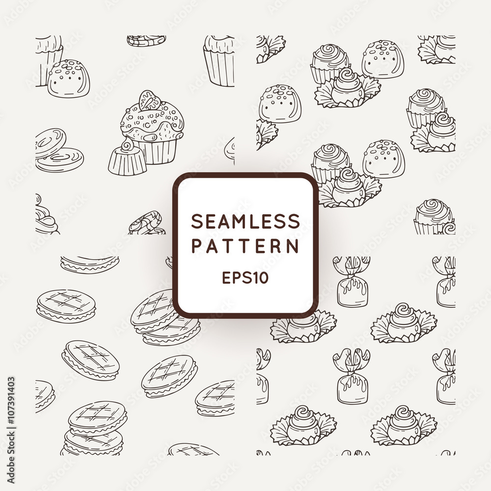 Set of Vector Candy, Cooky and Muffins Seamless Patterns. Sweet Party Texture.