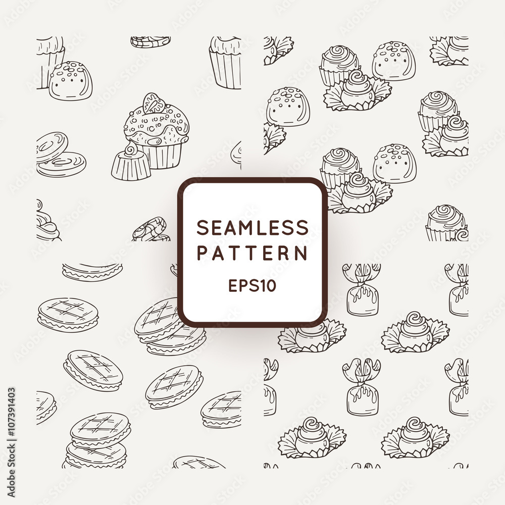 Set of Vector Candy, Cooky and Muffins Seamless Patterns. Sweet Party Texture. Set of Vector Candy, Cooky and Muffins Seamless Patterns. Sweet Party Texture.