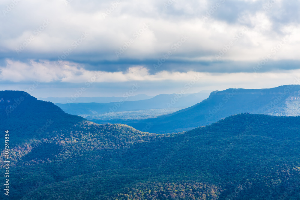 Beautiful Blue Mountains silhouettes viewed from Evans Lookout.