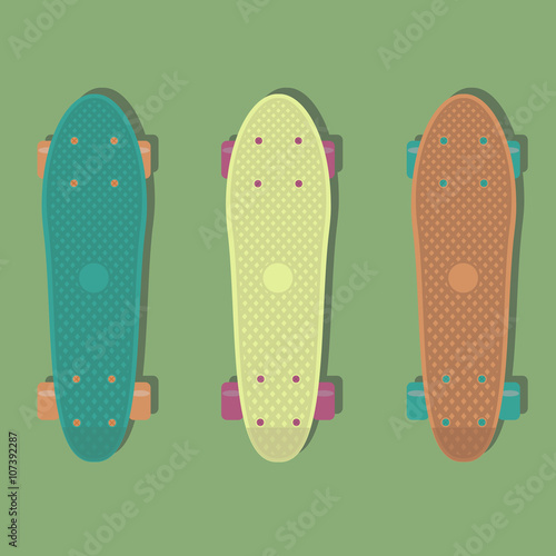 Vector illustration with 3 plastic skateboards, known within the industry as a short cruiser