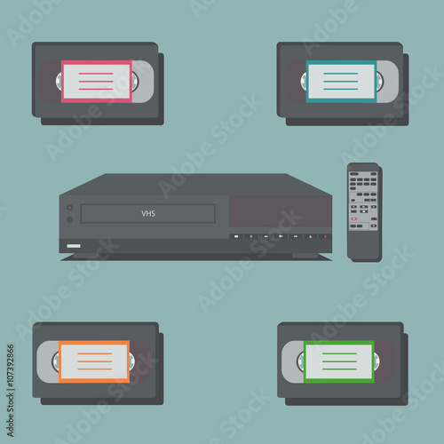 video player with remote control and 4 video tapes