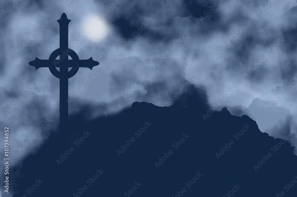 Cross silhouette and moon on a foggy night Cross silhouette and moon on a foggy night
