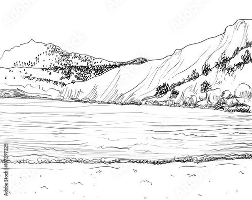 Vector summer seascape sketch.  Rocky shore, lapped by the surf