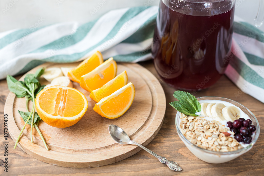 Healthy and wholesome breakfast. Yogur with muesli and currants. Healthy and wholesome breakfast. Yogur with muesli and currants.