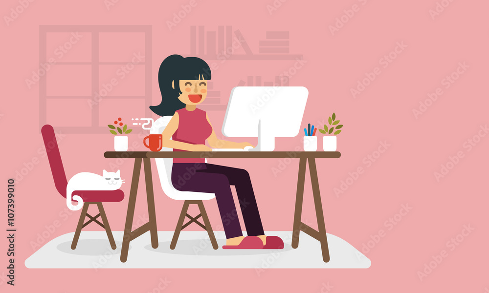 Freelance woman working at home.