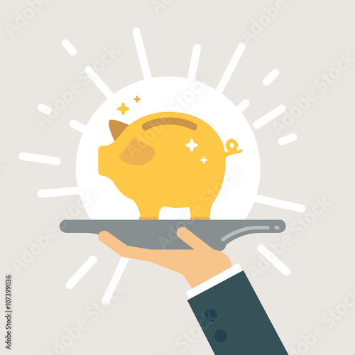 Businessman hand serving golden piggy bank on plate. Wealth concept vector illustration.