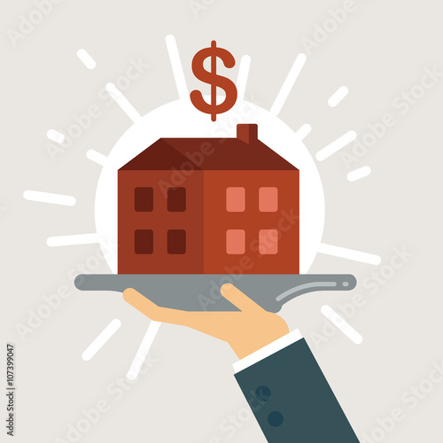 Businessman hand serving new house on plate. Home loans concept vector illustration.