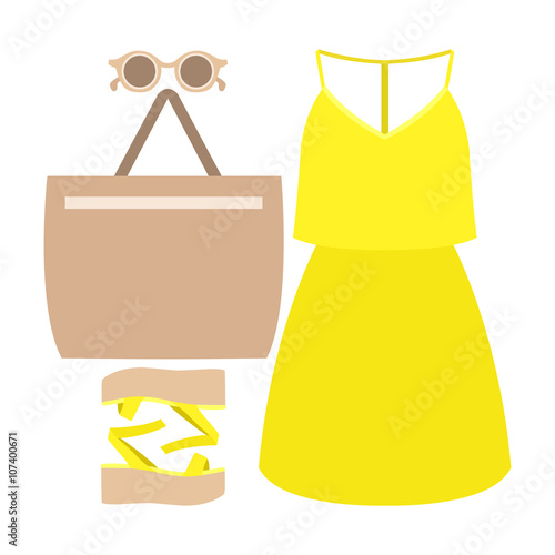 Set of trendy women's clothes with dress and accessories. Vector illustration