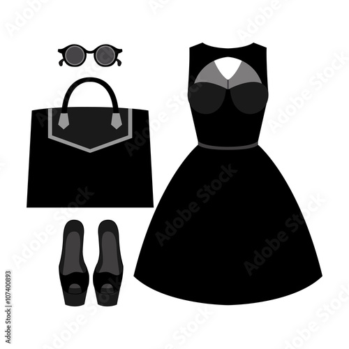 Set of trendy women's clothes with dress and accessories. Vector illustration