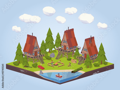 Cabins in the woods near the lake. 3D lowpoly isometric vector concept illustration