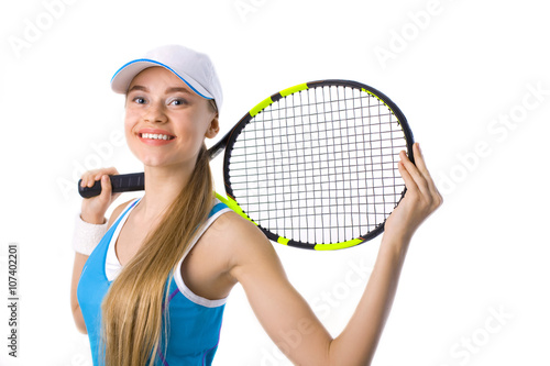 woman tennis player with racket on white background © Serafima