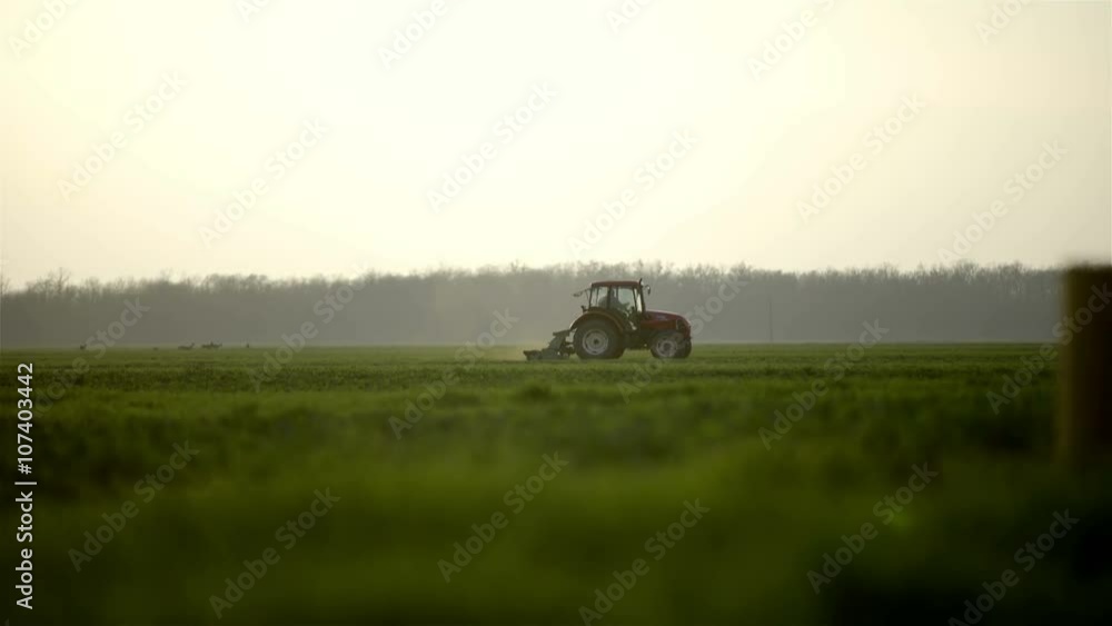 Tractor plow farm field at sunset Tractor plow farm field at sunset