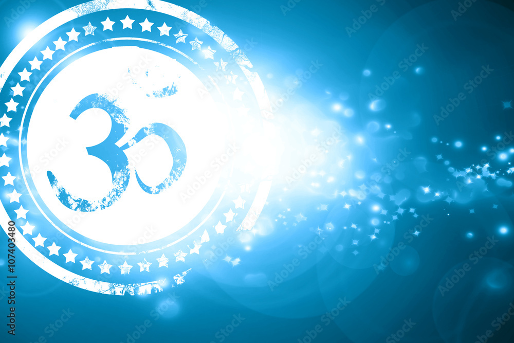 Blue stamp on a glittering background: Om sign icon Blue stamp on a glittering background: Om sign icon