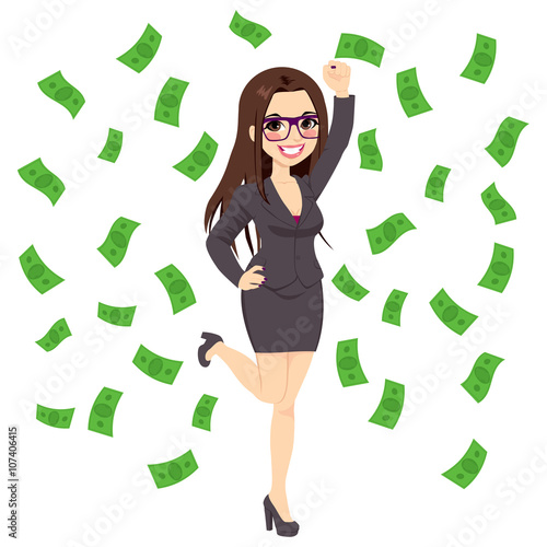 Beautiful young successful rich brunette business woman under falling money rain shower