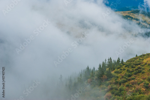 View of misty autumn mountains