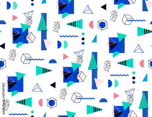Seamless geometric pattern in retro 80's. Bright seamless triangles, circles, cubes for the cover, fabric, fashion fabric. Mempship style.