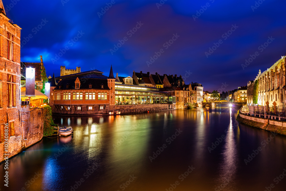 Ghent canal in the evening. Ghent, Belgium