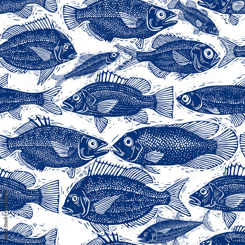 Freshwater fish endless vector pattern, nature and marine theme