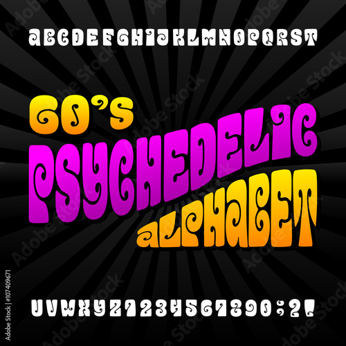 Psychedelic alphabet vector font. Hand drawn letters and numbers in 60's hippy style. Stock vector typeset for your design.