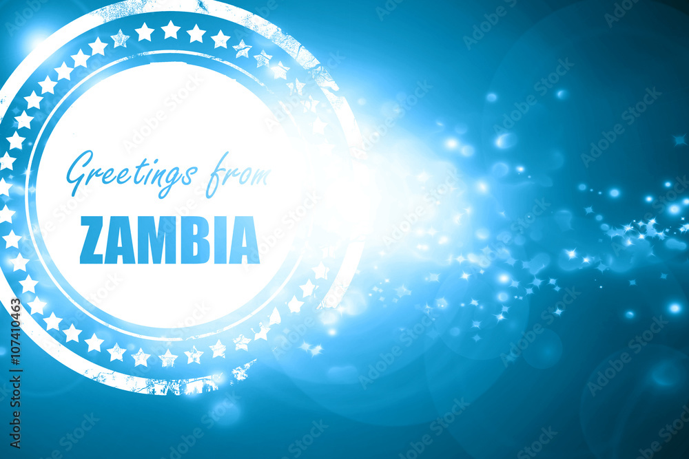Blue stamp on a glittering background: Greetings from zambia
