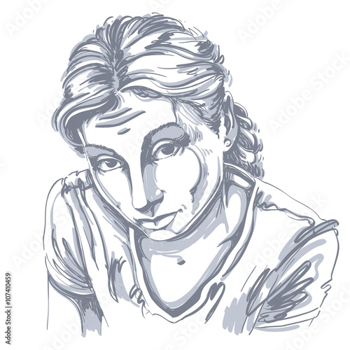 Portrait of delicate naive or blameworthy woman, black and white