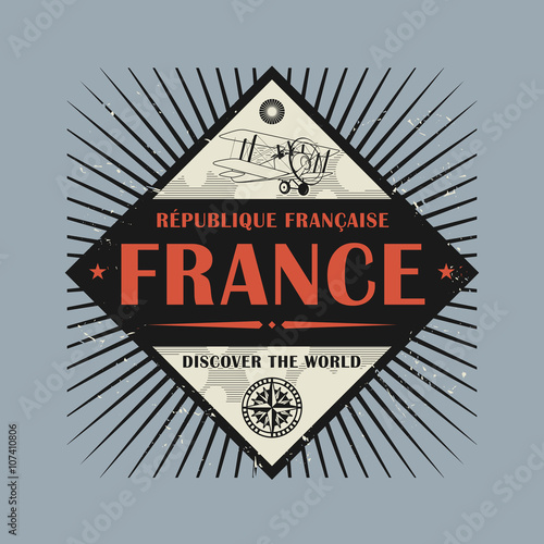 Stamp or vintage emblem with text France, Discover the World