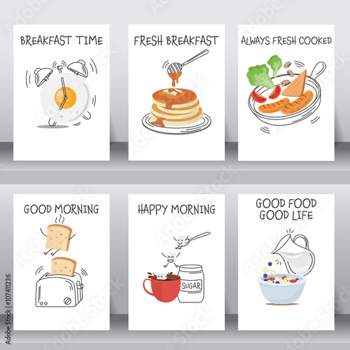 funny breakfast Posters and background set. flat and doodle design. there are egg, coffee , cereal with milk, pancake, bread, vegetable and hotdog  layout template in A4 size. vector illustration.