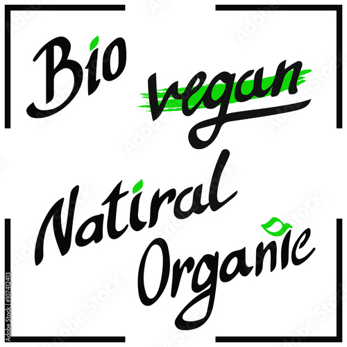 Handwritten words - bio, organic, natiral, vegan. Hand drawn lettering poster. Vector calligraphy