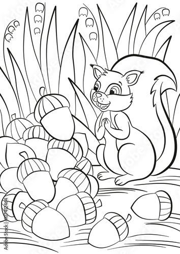 Coloring page. Little cute squirrel stands and looks at a pile of acorns. The squirrel is surprised and happy.