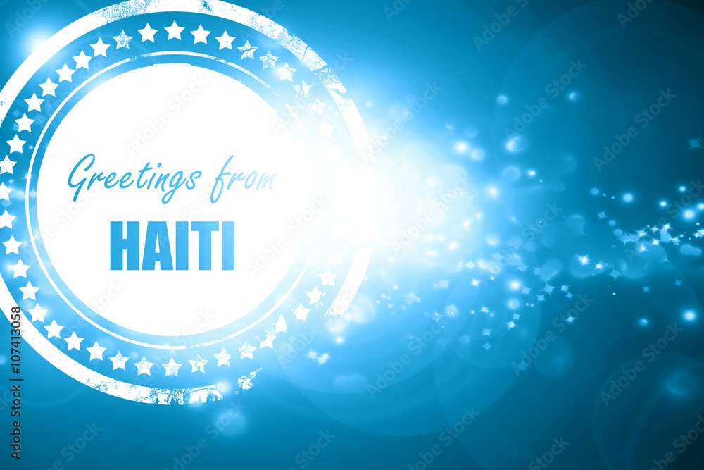 Blue stamp on a glittering background: Greetings from haiti