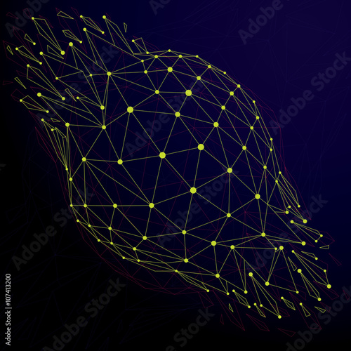 Perspective technology demolished shape with lines and dots 