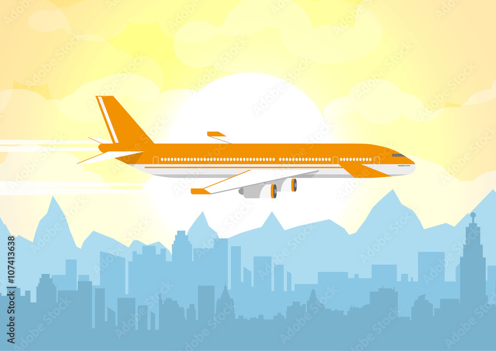 Plane flying over urban city Plane flying over urban city