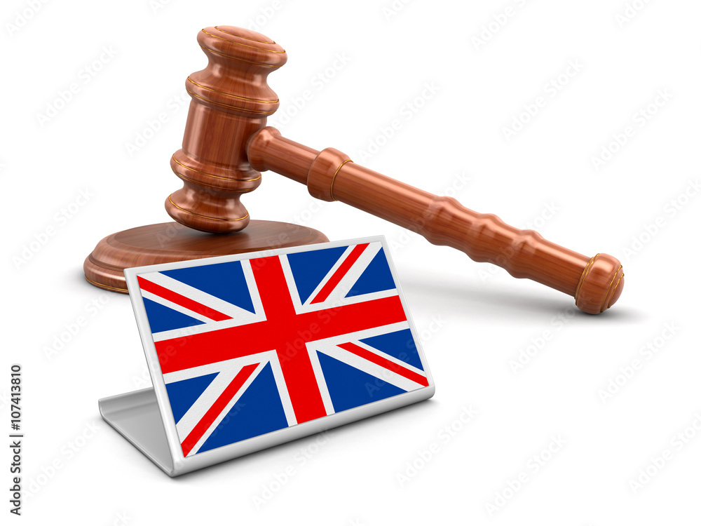 3d wooden mallet and British flag. Image with clipping path